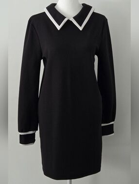Zara Black Long Sleeve Shift Dress with White Trim Collar